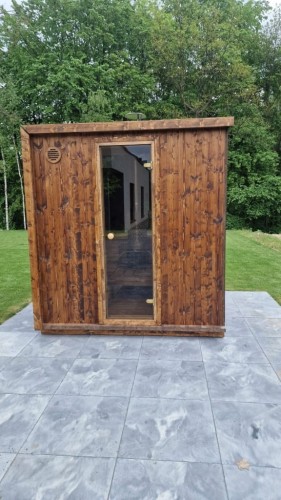 Sauna ogrodowa DELUX – pół panorama, ogrzewanie drewnem 140 x 210 x 230